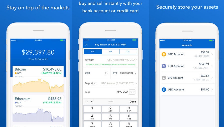 Coinbase app for Bitcoin, Ehereum , Litcoin etc.