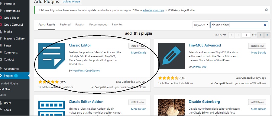 adding  back classic editor wordpress from plugins