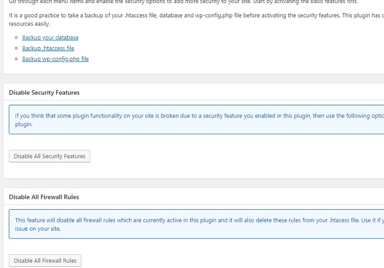 How to revert security settings or take backup WP Security