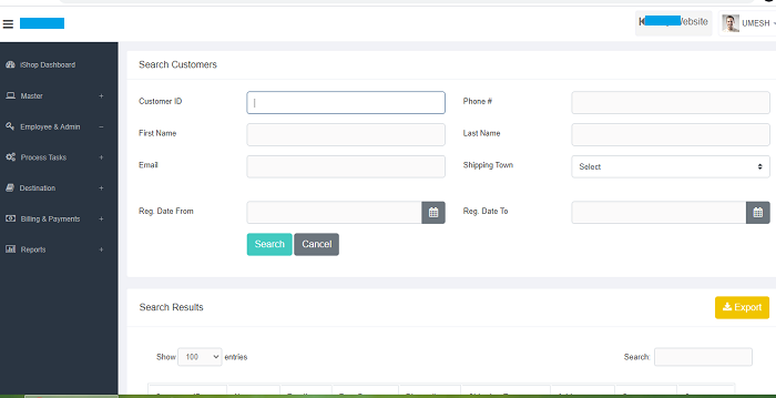 customer search screen in Logistics management software